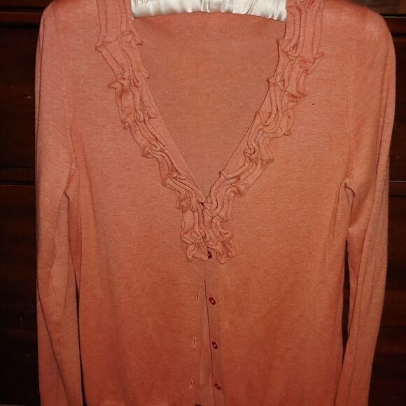 Wool blend Talbots Sweater ruffled neckline with full buttons. Size Small. Light - Picture 1 of 7